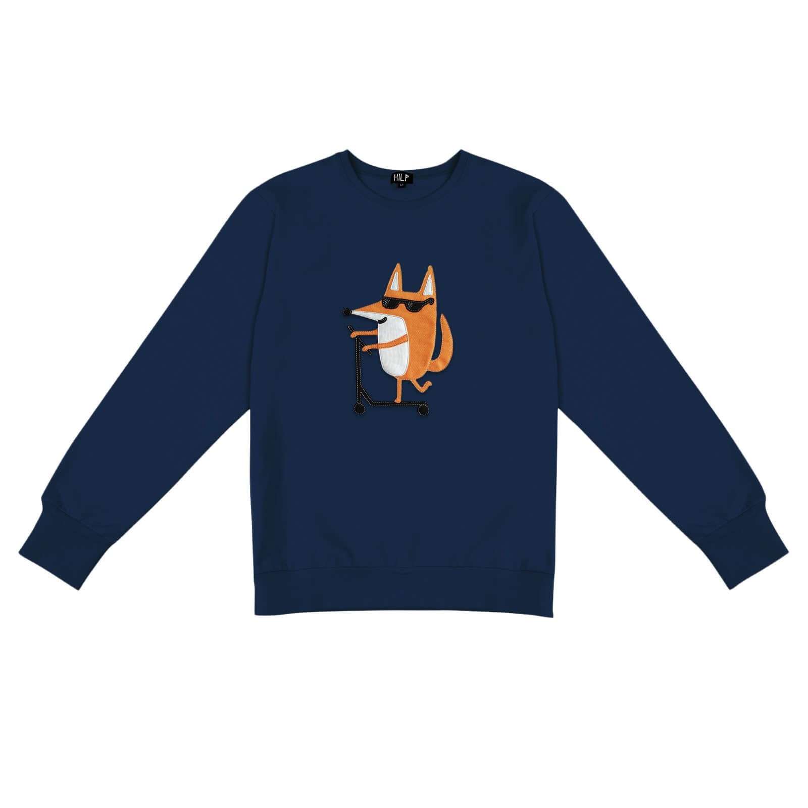 2. Men's Scootering Fox Sweatshirt in navy blue with fox graphic, studio shot