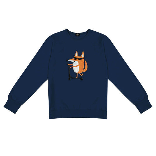 2. Men's Scootering Fox Sweatshirt in navy blue with fox graphic, studio shot