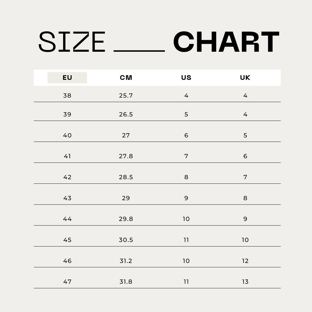 6. Size chart for men's footwear showing EU, CM, US, and UK sizes