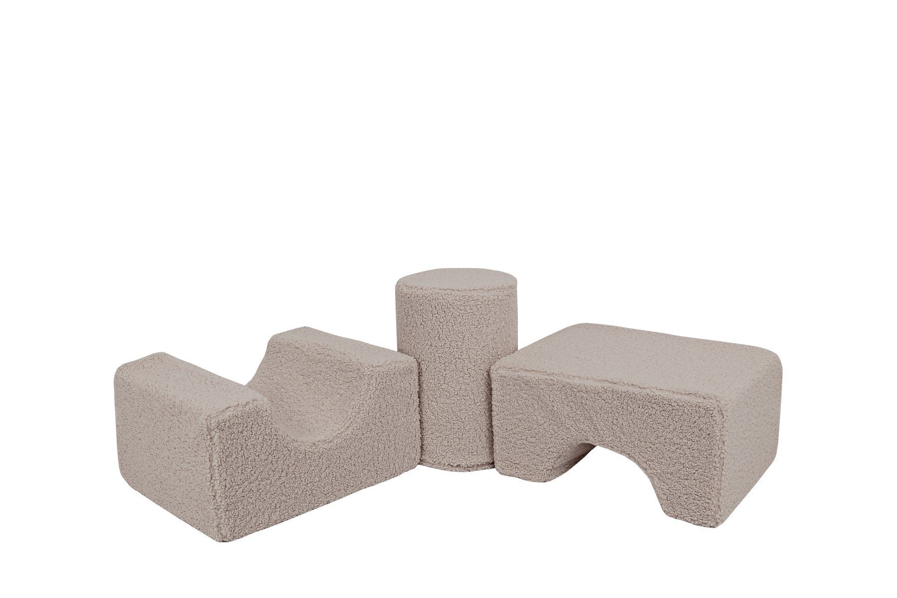 1. Gray MeowBaby Bearly Shape Set with three elements on a white background, showcasing soft velvet texture and versatile shapes for children's play