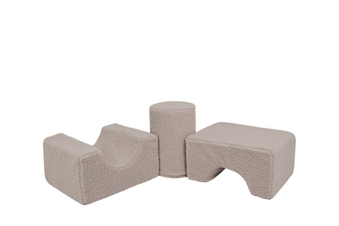 1. Gray MeowBaby Bearly Shape Set with three elements on a white background, showcasing soft velvet texture and versatile shapes for children's play