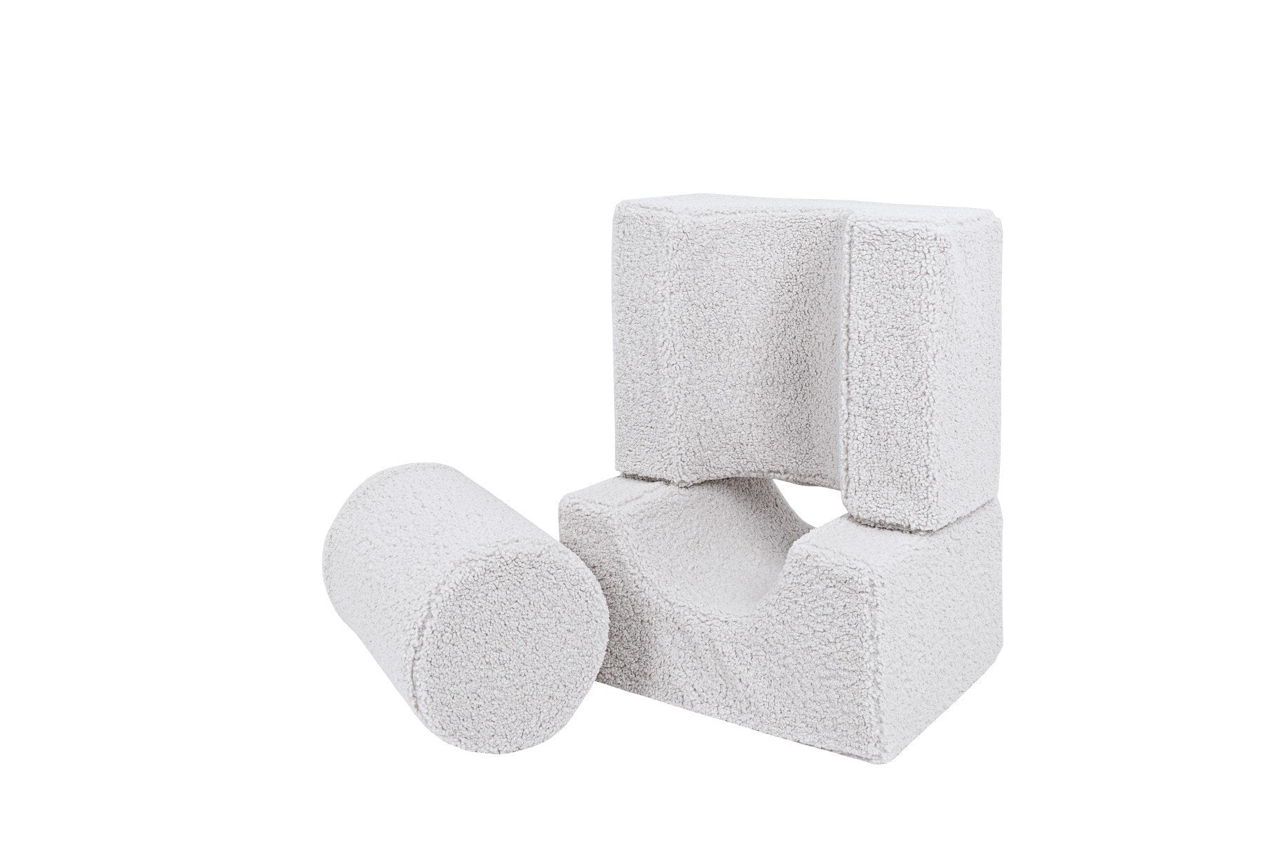 4. MeowBaby Bearly Shape Set with three white elements stacked and one cylindrical piece, showing construction possibilities