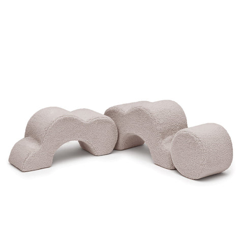 2. MeowBaby foam flower shape set in light grey, featuring two arch-shaped modules and a cylindrical piece on a white background