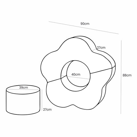5. Size chart for MeowBaby foam flower shape set showing dimensions of flower and cylindrical pieces