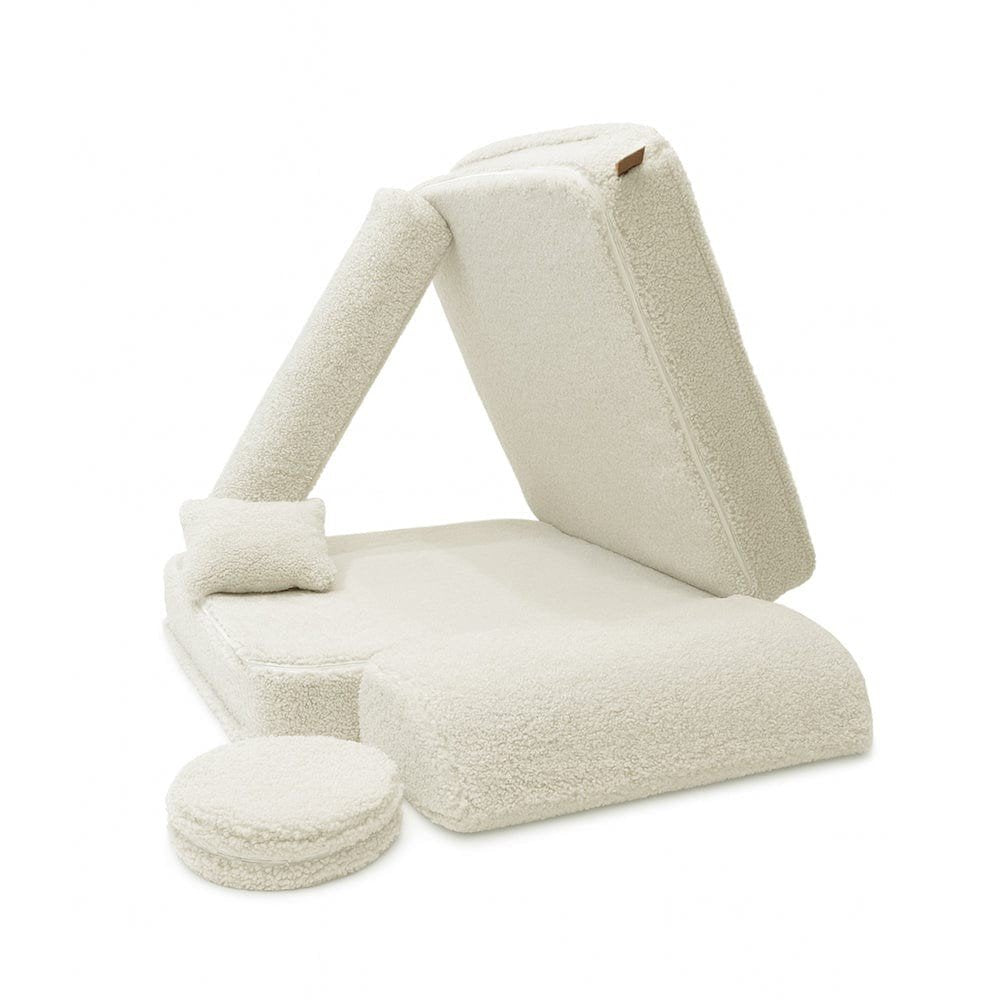 2. MeowBaby modular children's chair in Bearly cream shown with elements rearranged, including a propped-up mattress and cushions