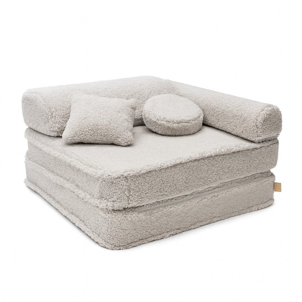 1. MeowBaby modular children's chair in light grey with double mattress, headrest, armrest, and two cushions, shown in a compact arrangement