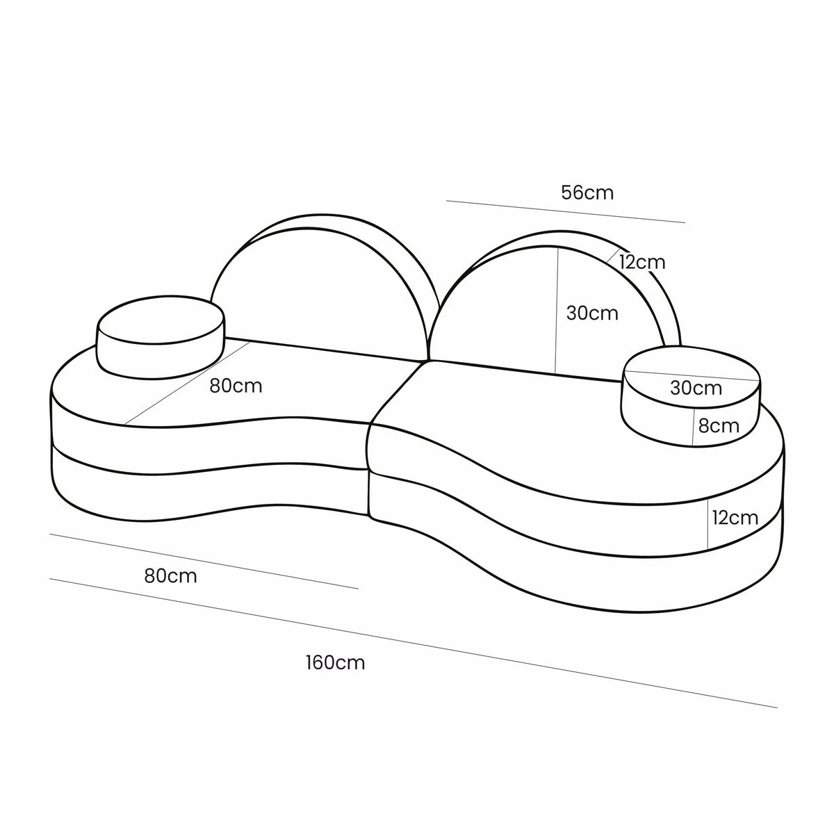 5. Size chart for MeowBaby modular kids' sofa showing dimensions of seat, backrests, and cushions in centimeters