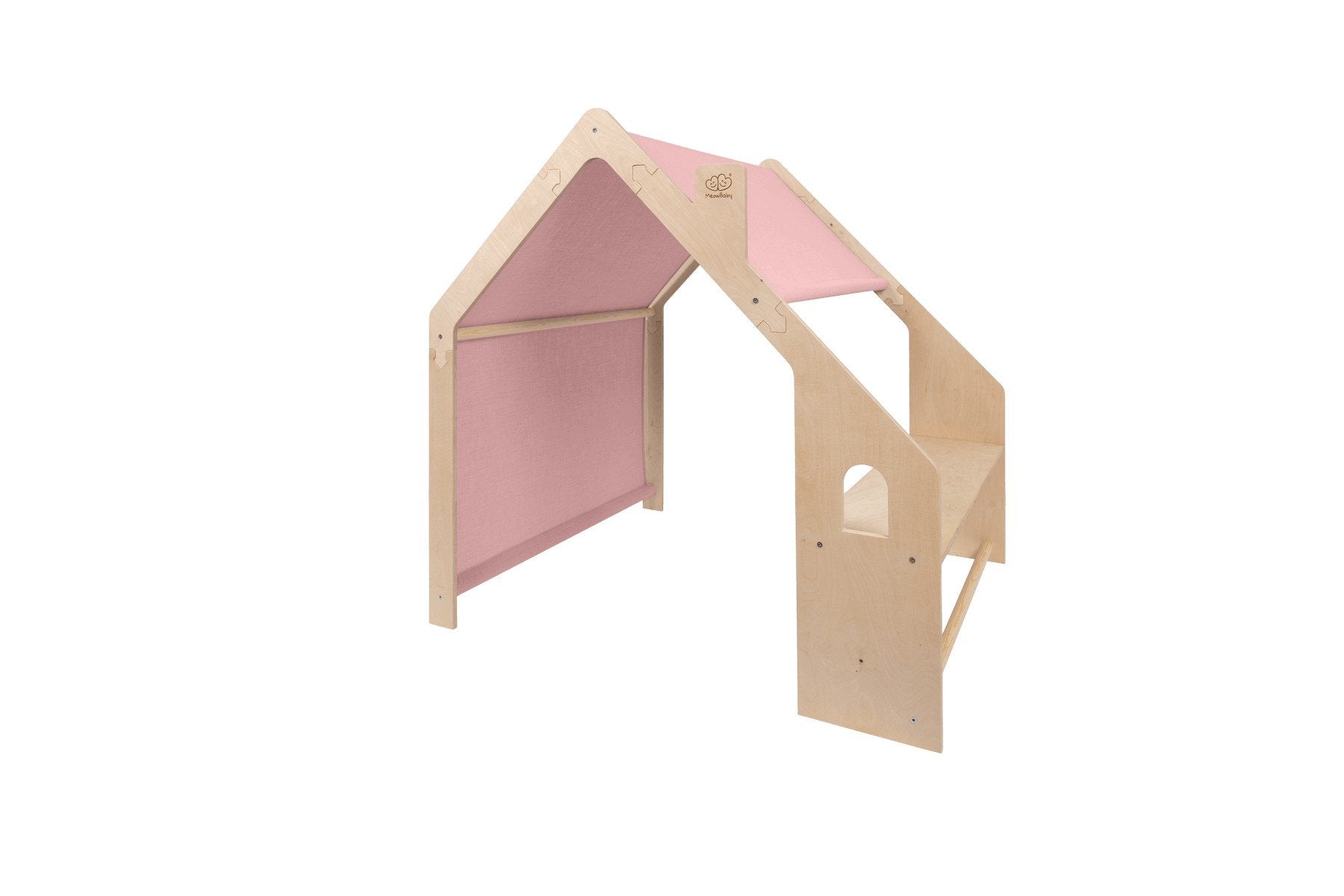4. Angled side view of MeowBaby natural wooden house for kids with pink fabric roof and side window