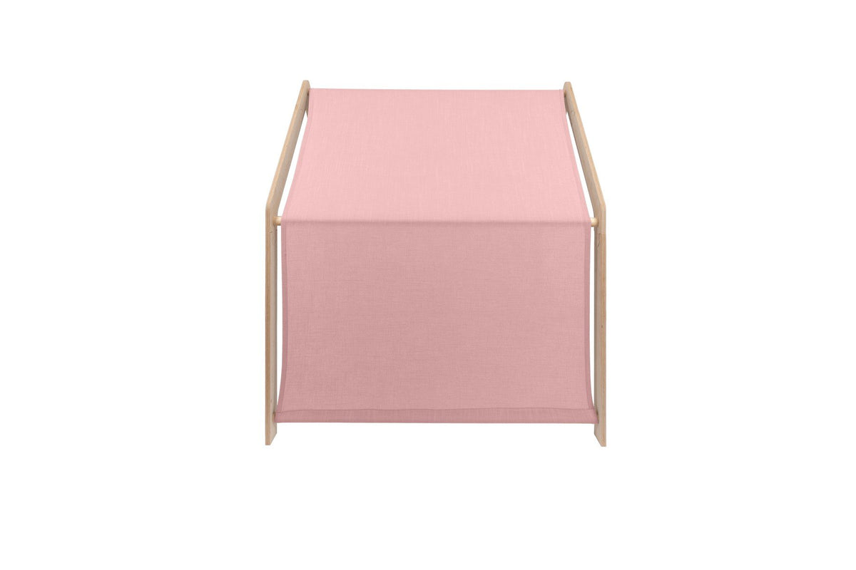 2. Rear view of MeowBaby natural wooden house for kids with pink fabric roof covering the back