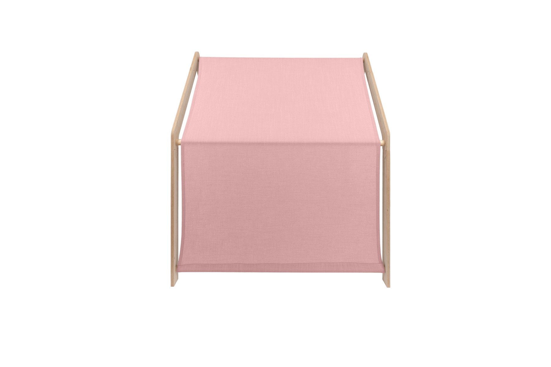 2. Rear view of MeowBaby natural wooden house for kids with pink fabric roof covering the back