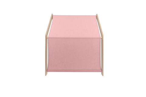 2. Rear view of MeowBaby natural wooden house for kids with pink fabric roof covering the back