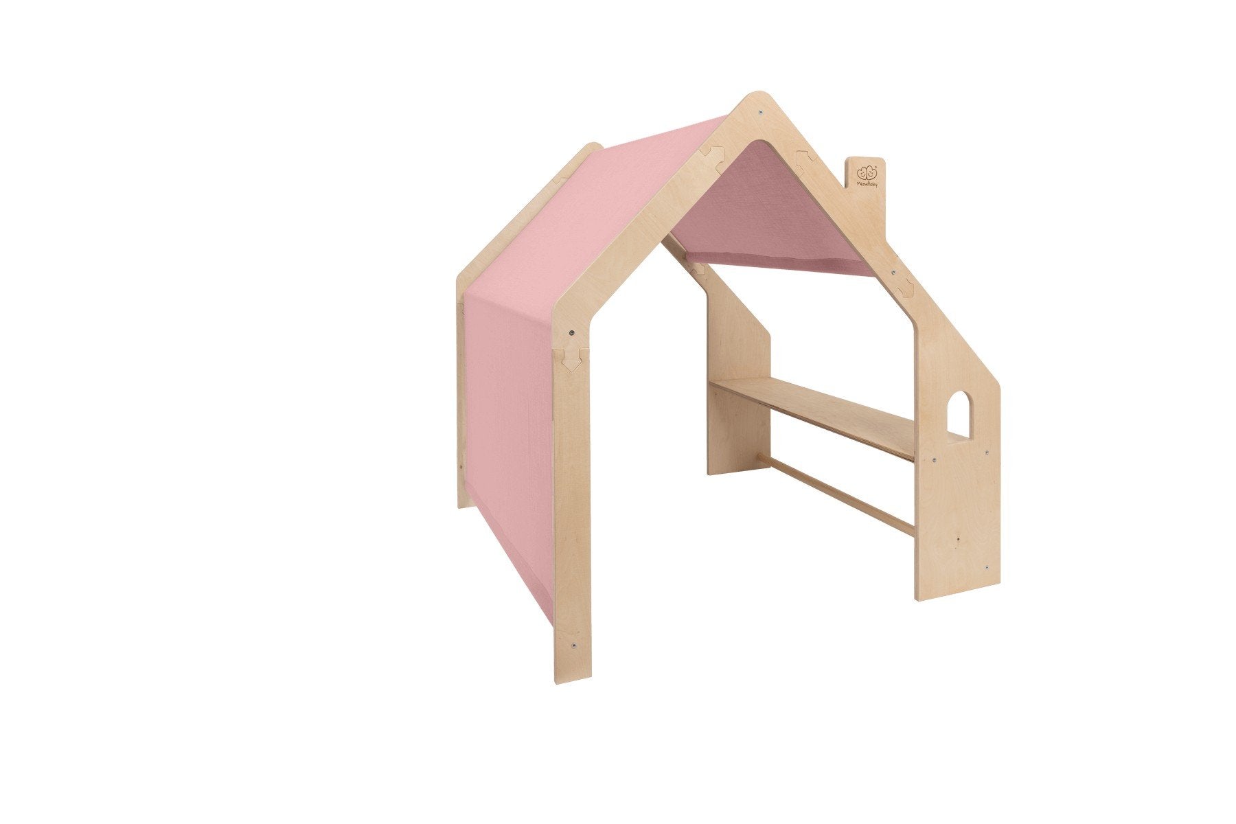 5. Angled rear view of MeowBaby natural wooden house for kids with pink fabric roof and open back