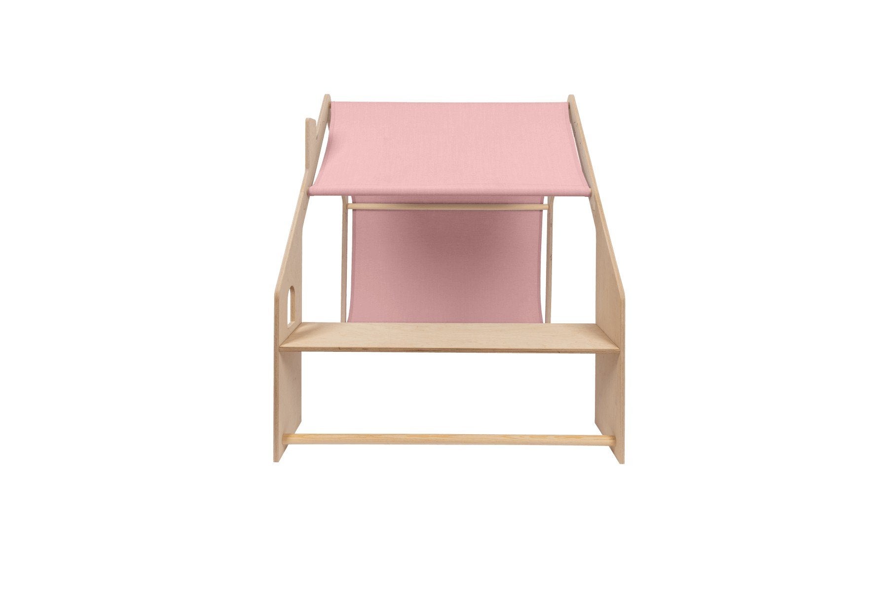 1. Front view of MeowBaby natural wooden house for kids with pink fabric roof and open front design