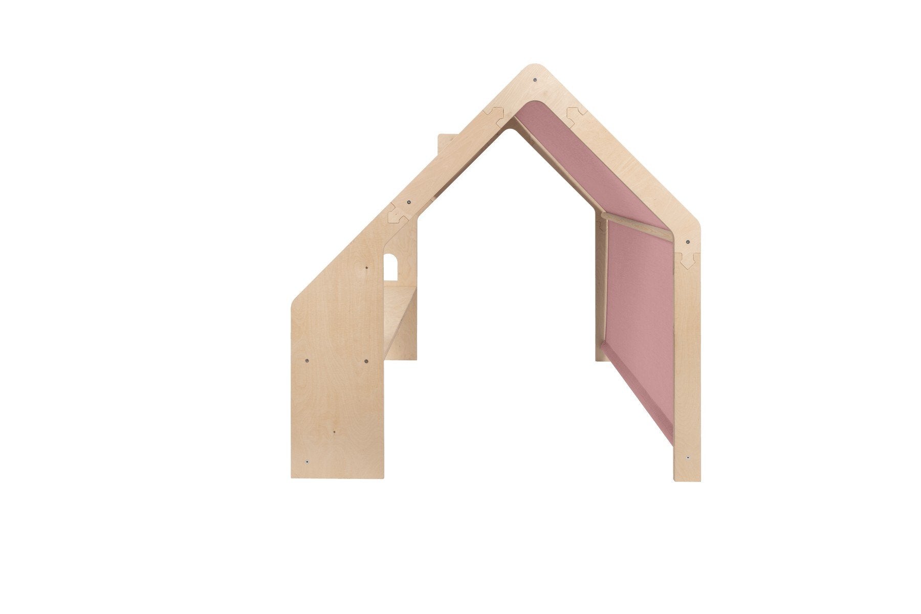 6. Side view of MeowBaby natural wooden house for kids with pink fabric roof and side window