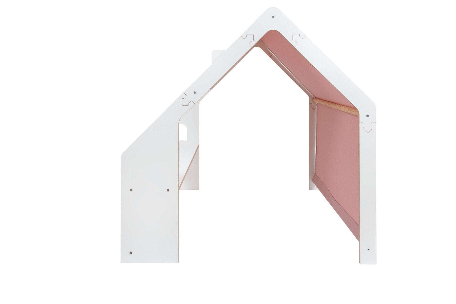 3. Side view of white wooden playhouse with pink roof for children