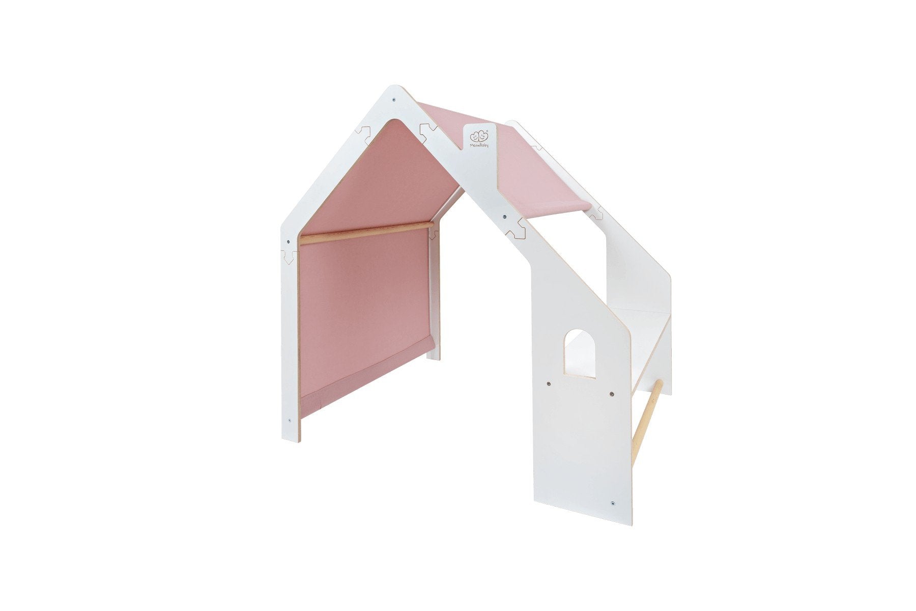 3. Angled view of white wooden playhouse with pink roof for kids