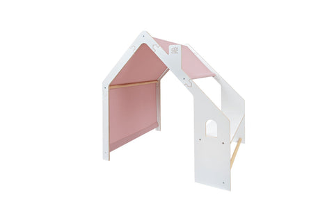 3. Angled view of white wooden playhouse with pink roof for kids