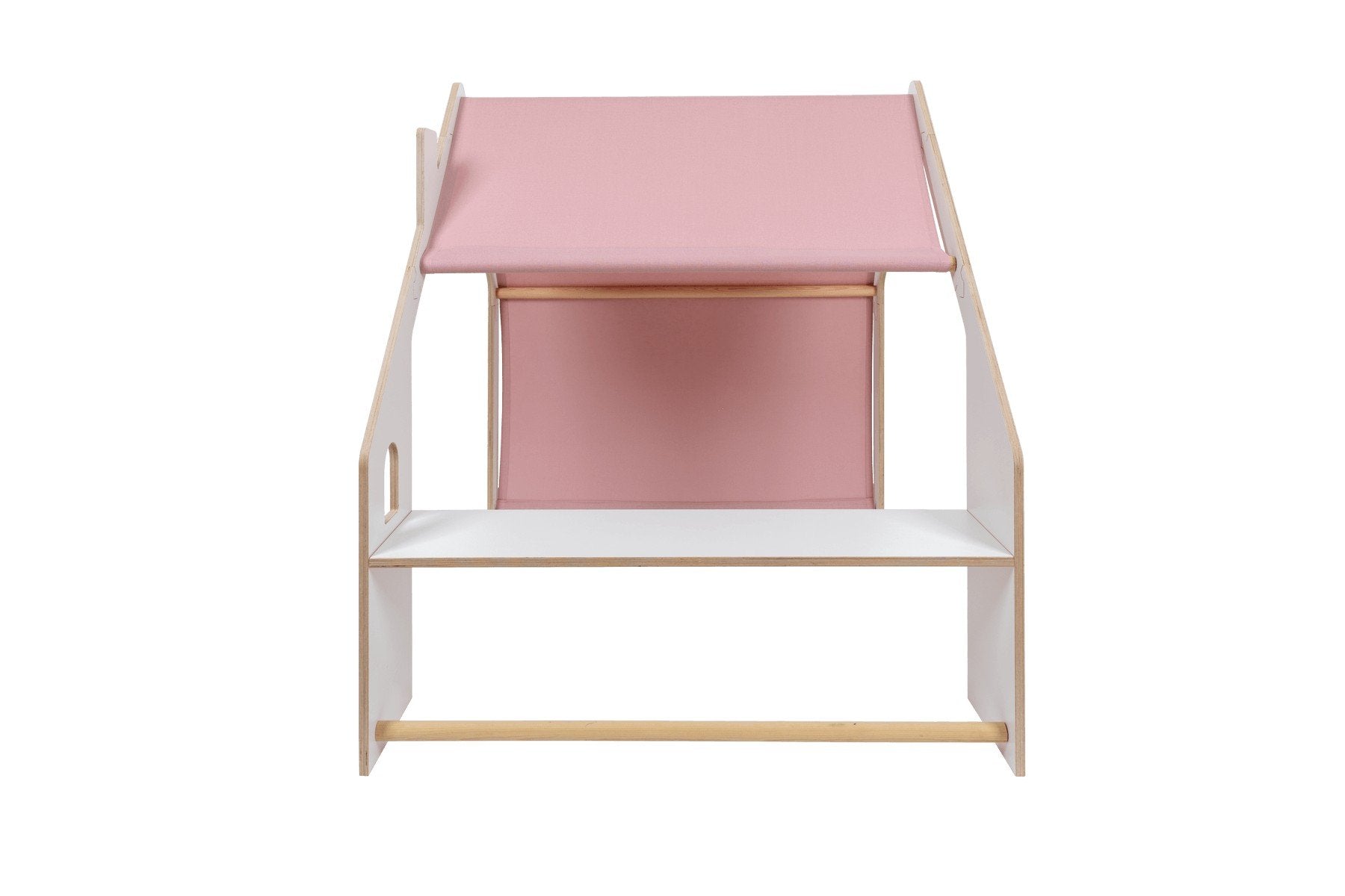 4. Front view of white wooden playhouse with pink fabric roof for kids