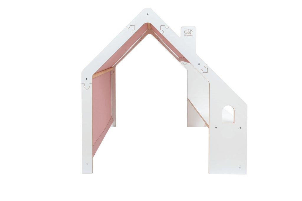 3. Side view of white wooden playhouse with pink roof for children