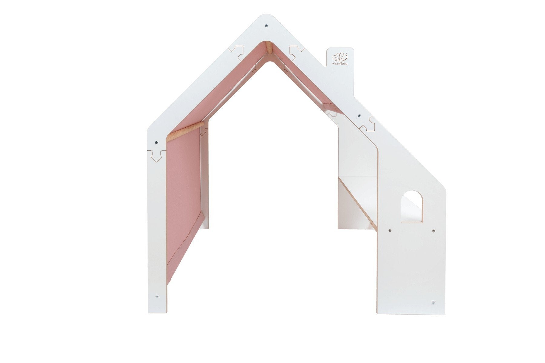 3. Side view of white wooden playhouse with pink roof for children