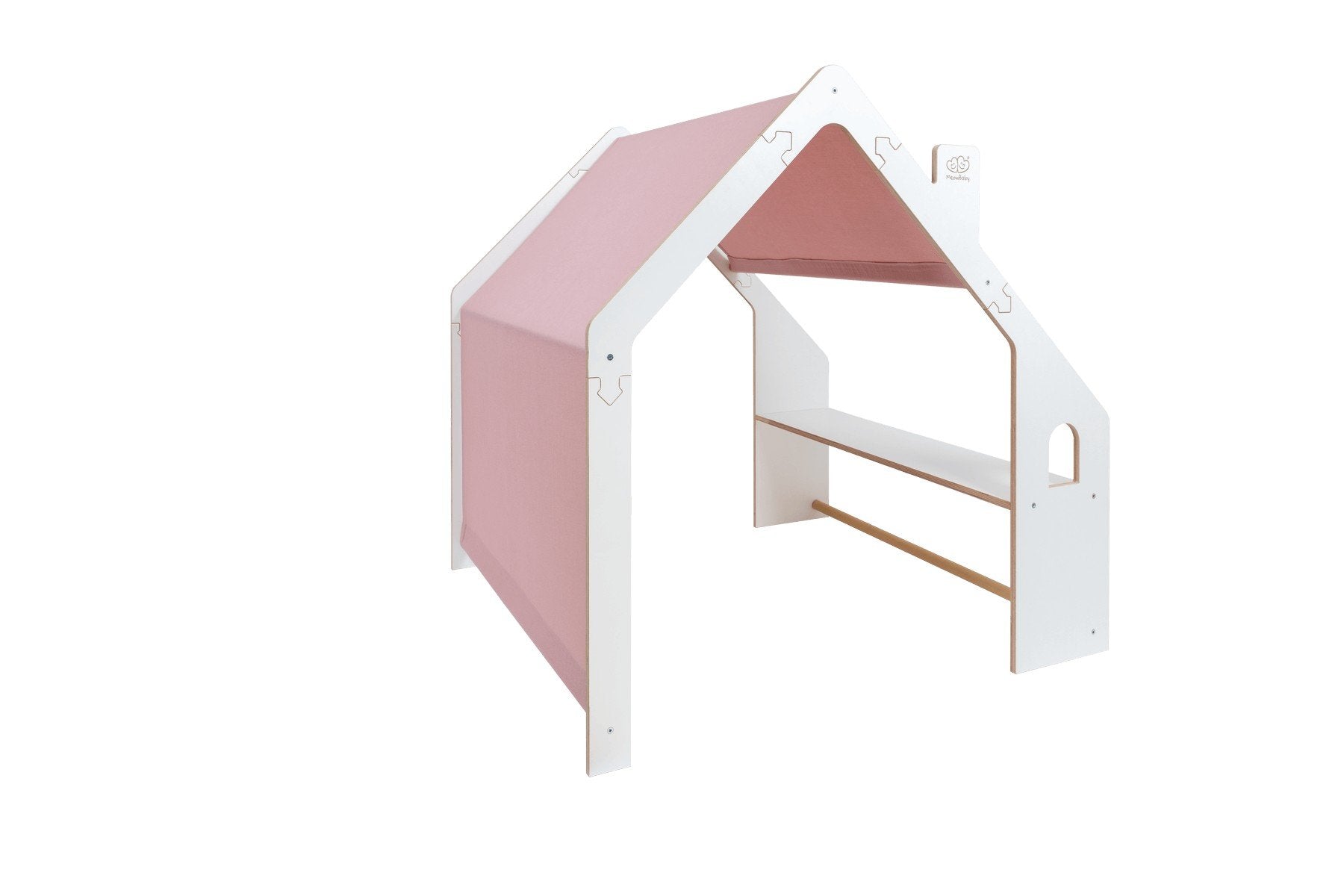 2. White wooden playhouse for kids with pink fabric roof shown in studio setting