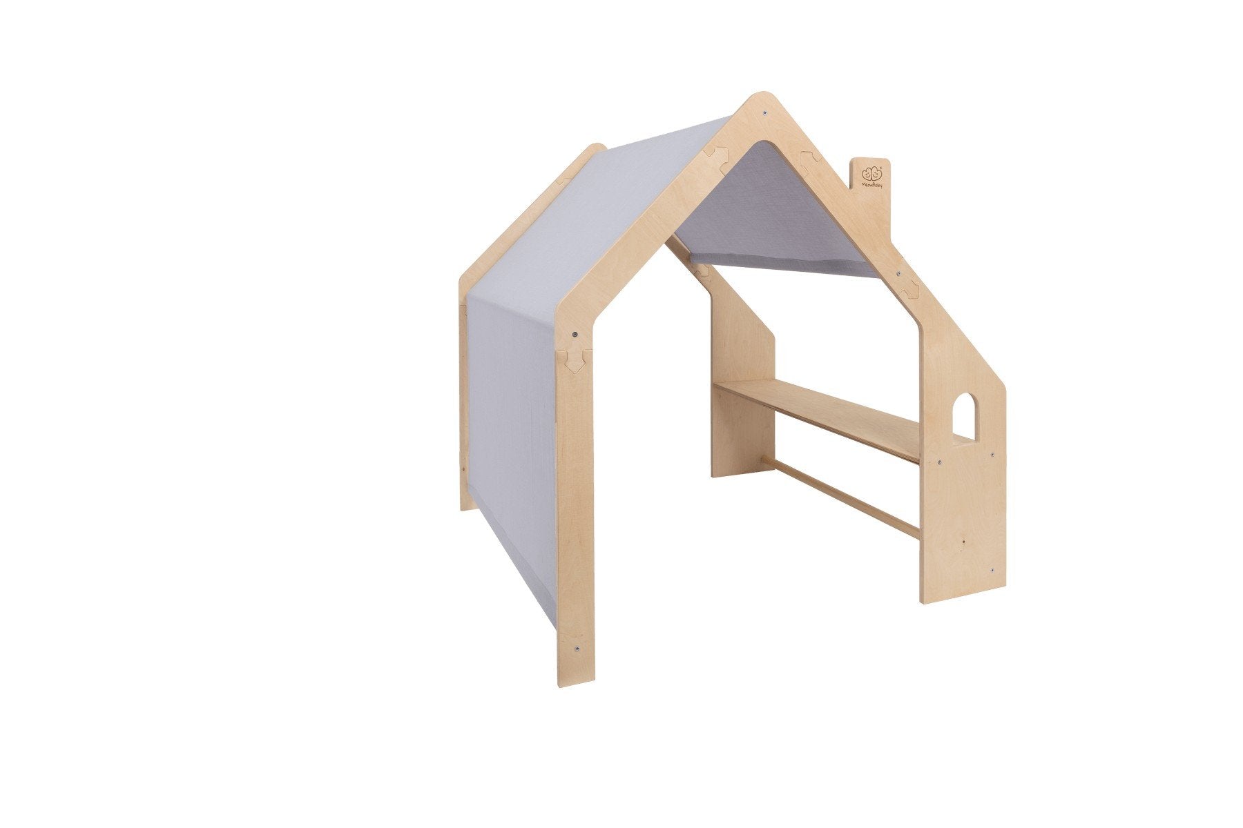 3. Angled view of MeowBaby wooden house with blue roof highlighting design