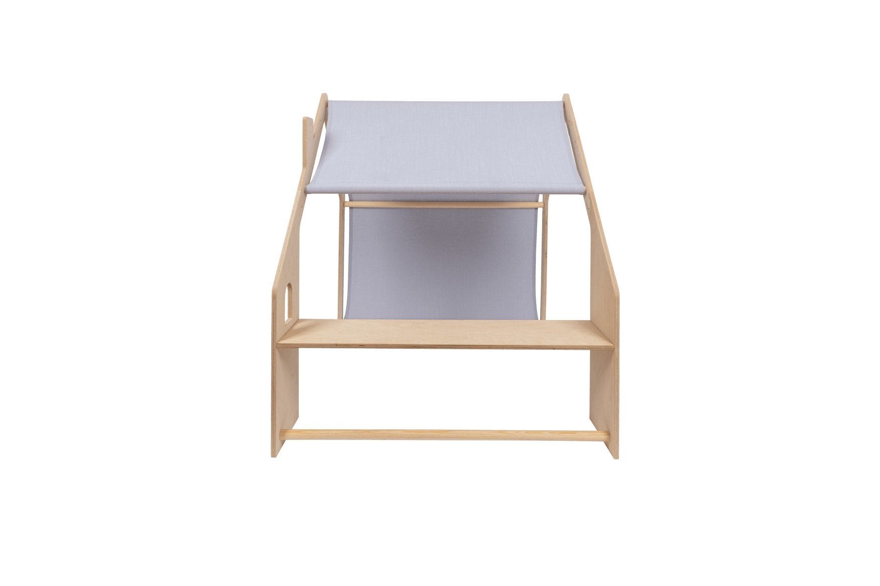 3. Front view of MeowBaby wooden house with blue roof showing entrance and canopy