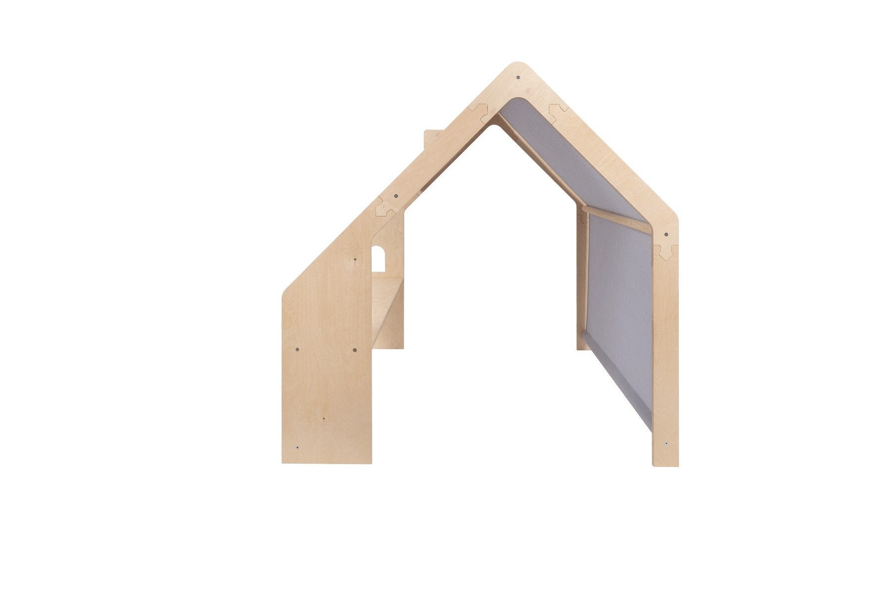 3. Side view of MeowBaby wooden house with blue roof highlighting structure