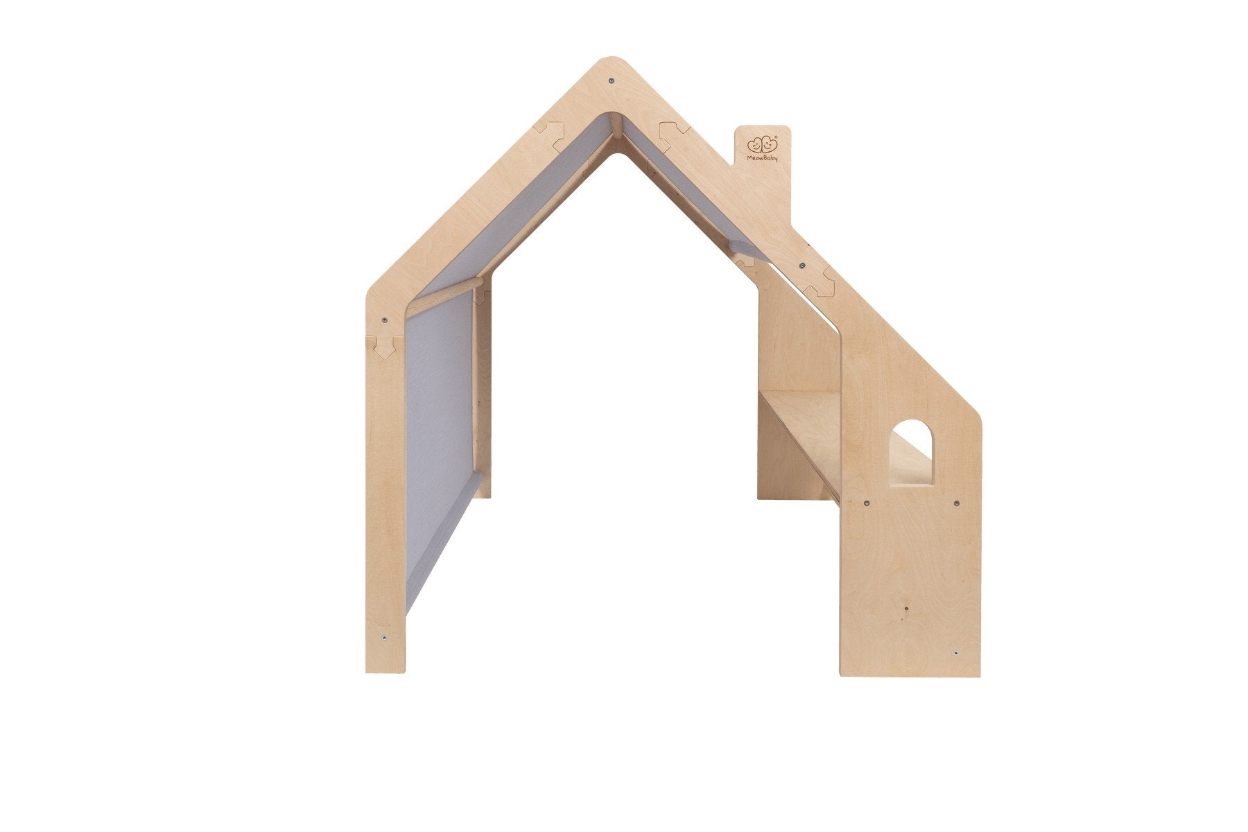 3. Side view of MeowBaby wooden house with blue roof showing open entrance