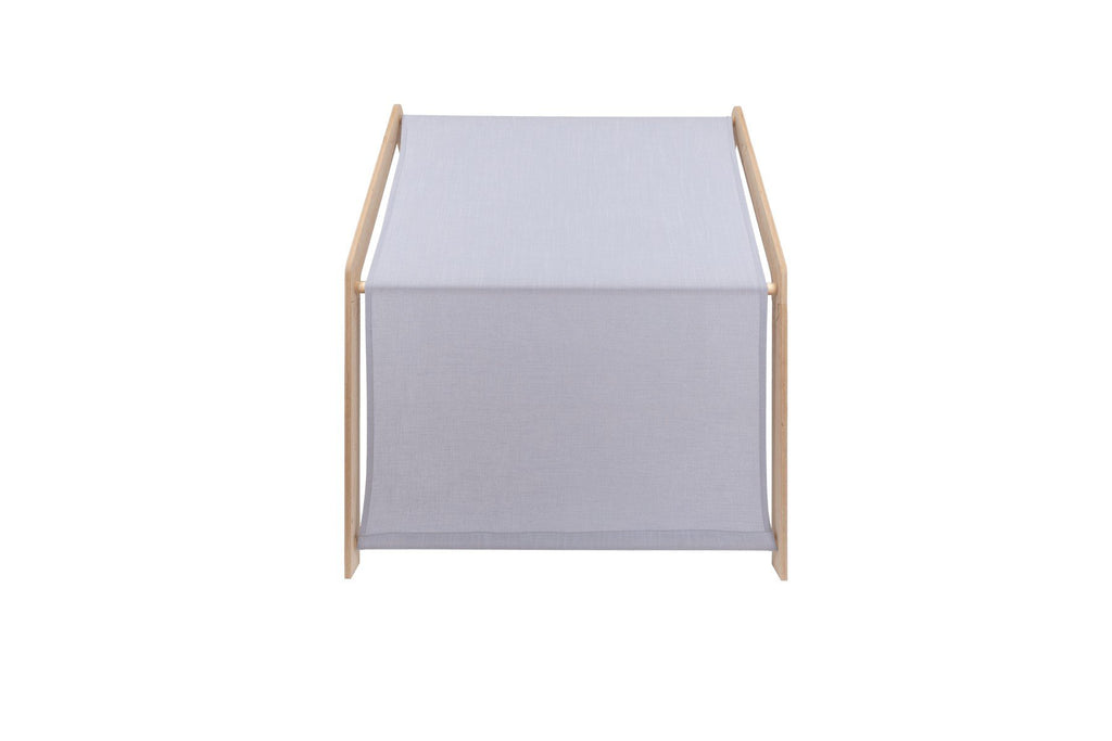 3. Rear view of MeowBaby wooden house with blue roof showing fabric canopy