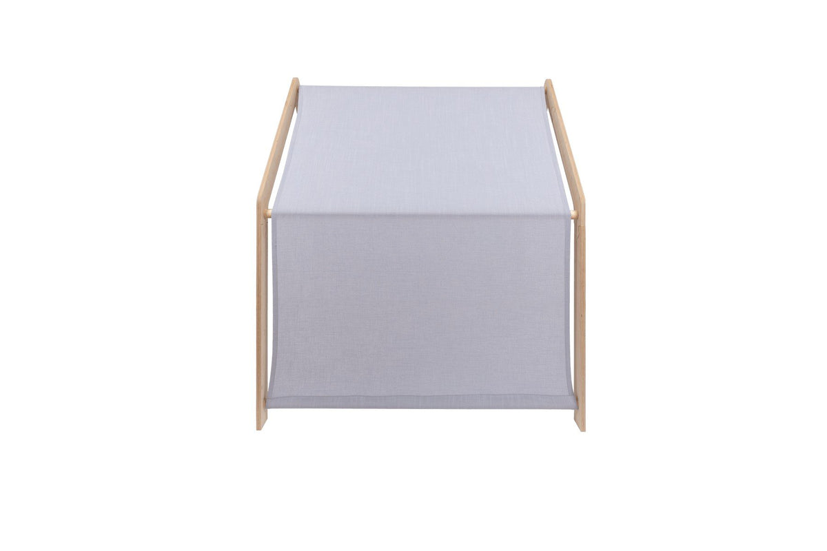 3. Rear view of MeowBaby wooden house with blue roof showing fabric canopy