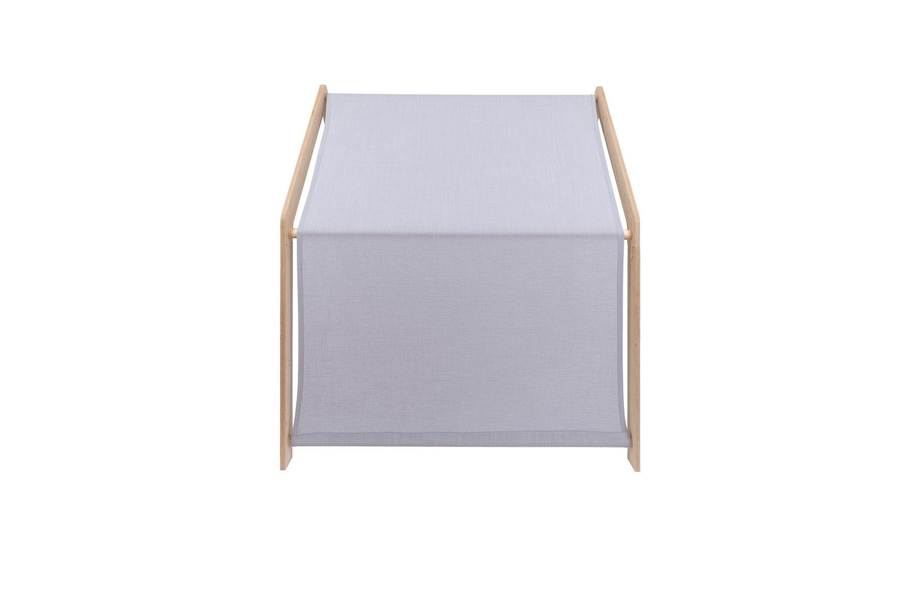 3. Rear view of MeowBaby wooden house with blue roof showing fabric canopy