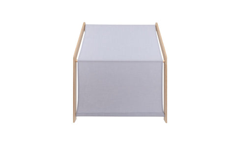 3. Rear view of MeowBaby wooden house with blue roof showing fabric canopy