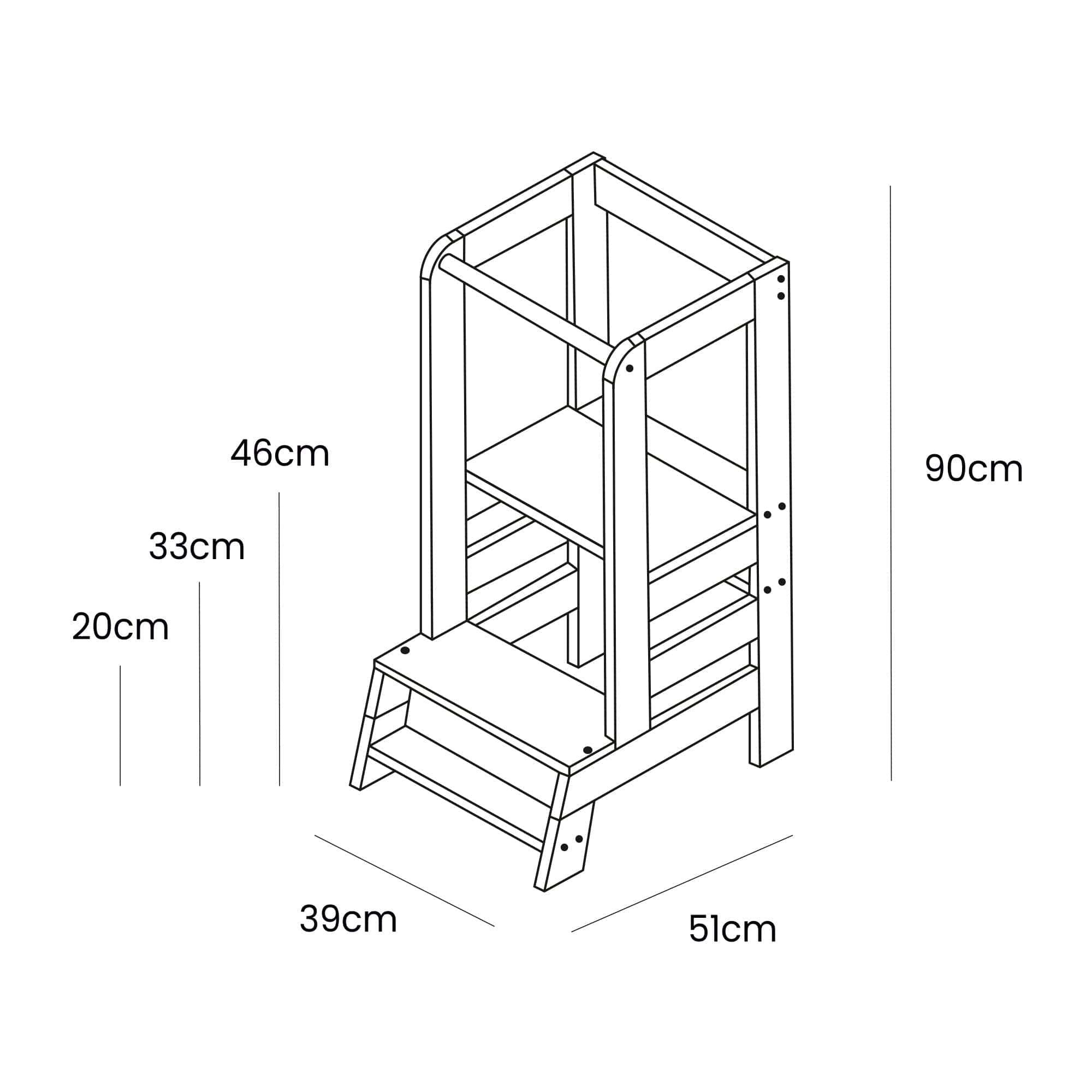 2. Size chart for MeowBaby kitchen helper showing dimensions and adjustable platform heights
