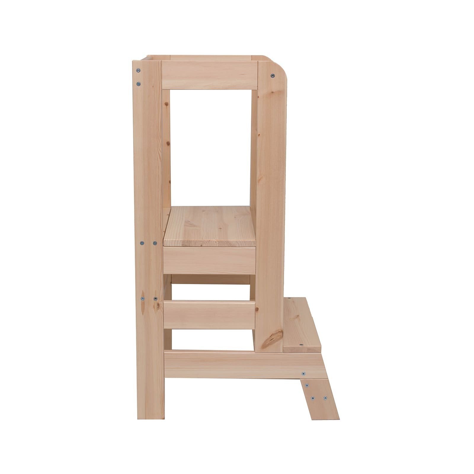 10. Side view of MeowBaby wooden kitchen helper, showing step and platform