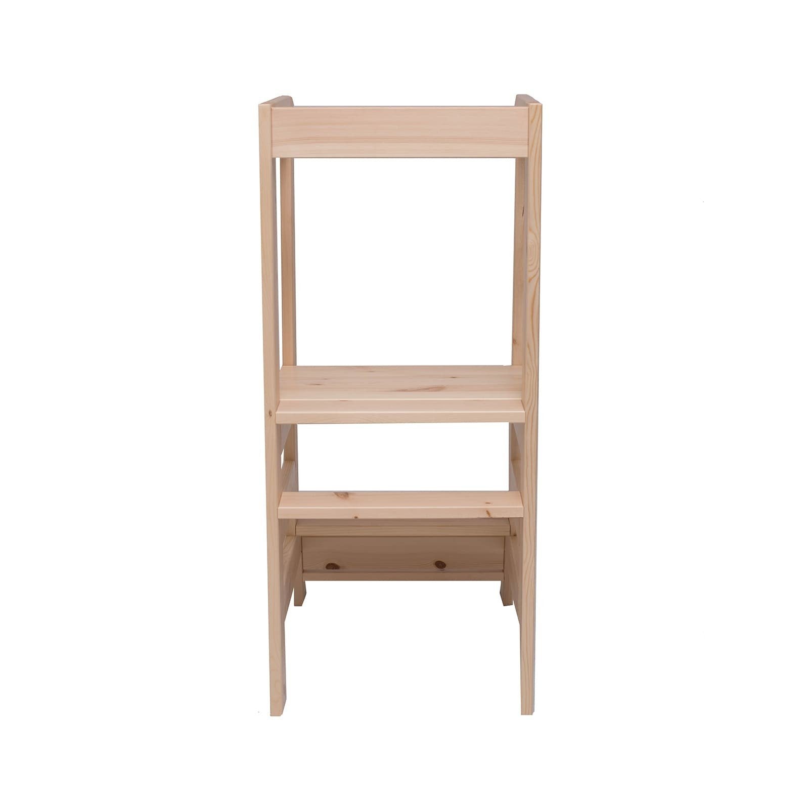 2. Front view of MeowBaby wooden kitchen helper for children, highlighting step and platform design