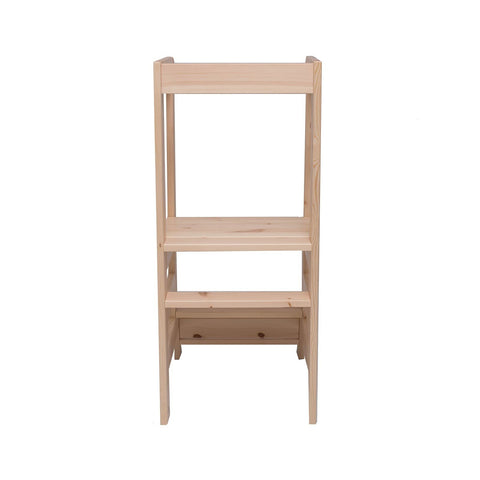 2. Front view of MeowBaby wooden kitchen helper for children, highlighting step and platform design