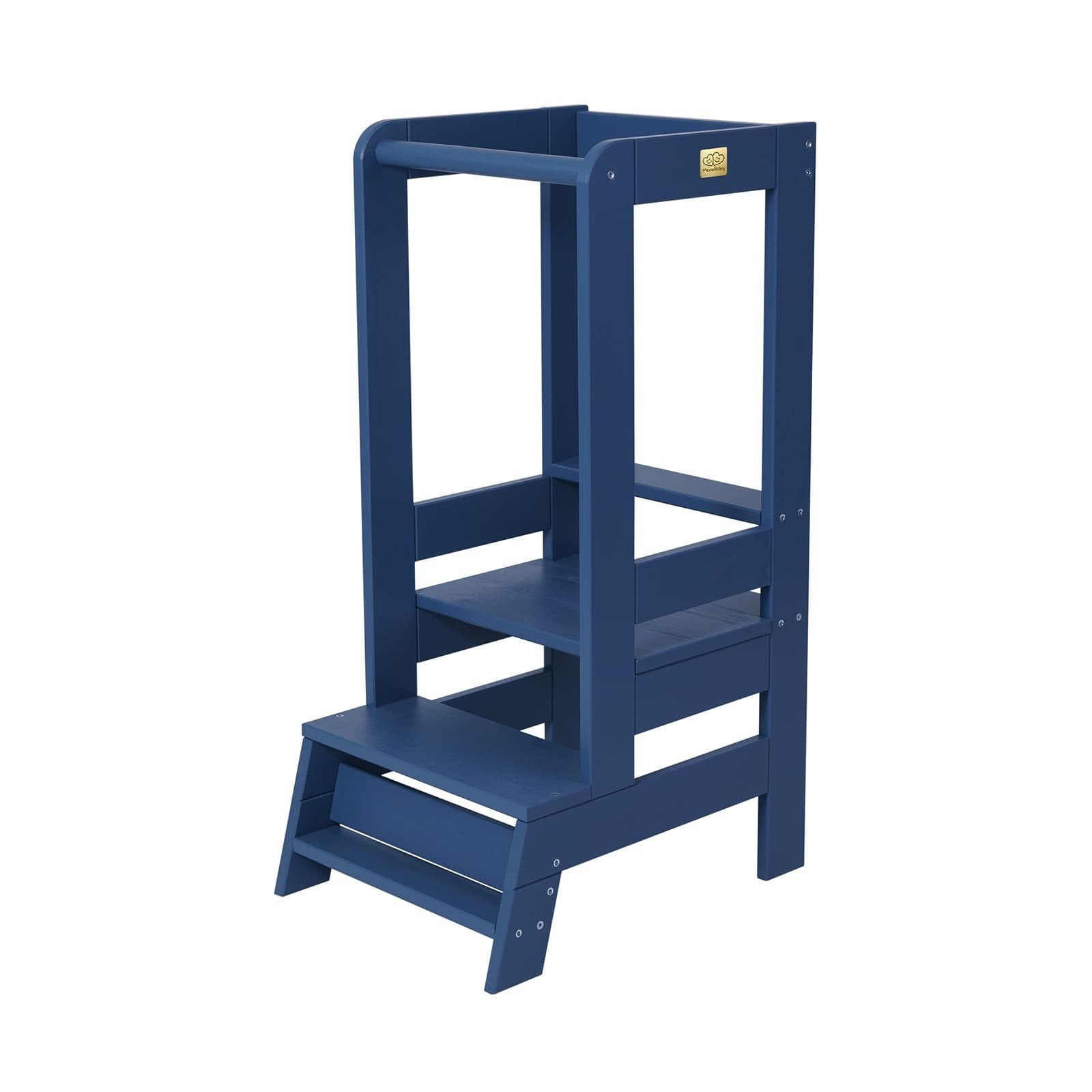 1. Blue MeowBaby wooden kitchen helper for children with adjustable platform in studio setting