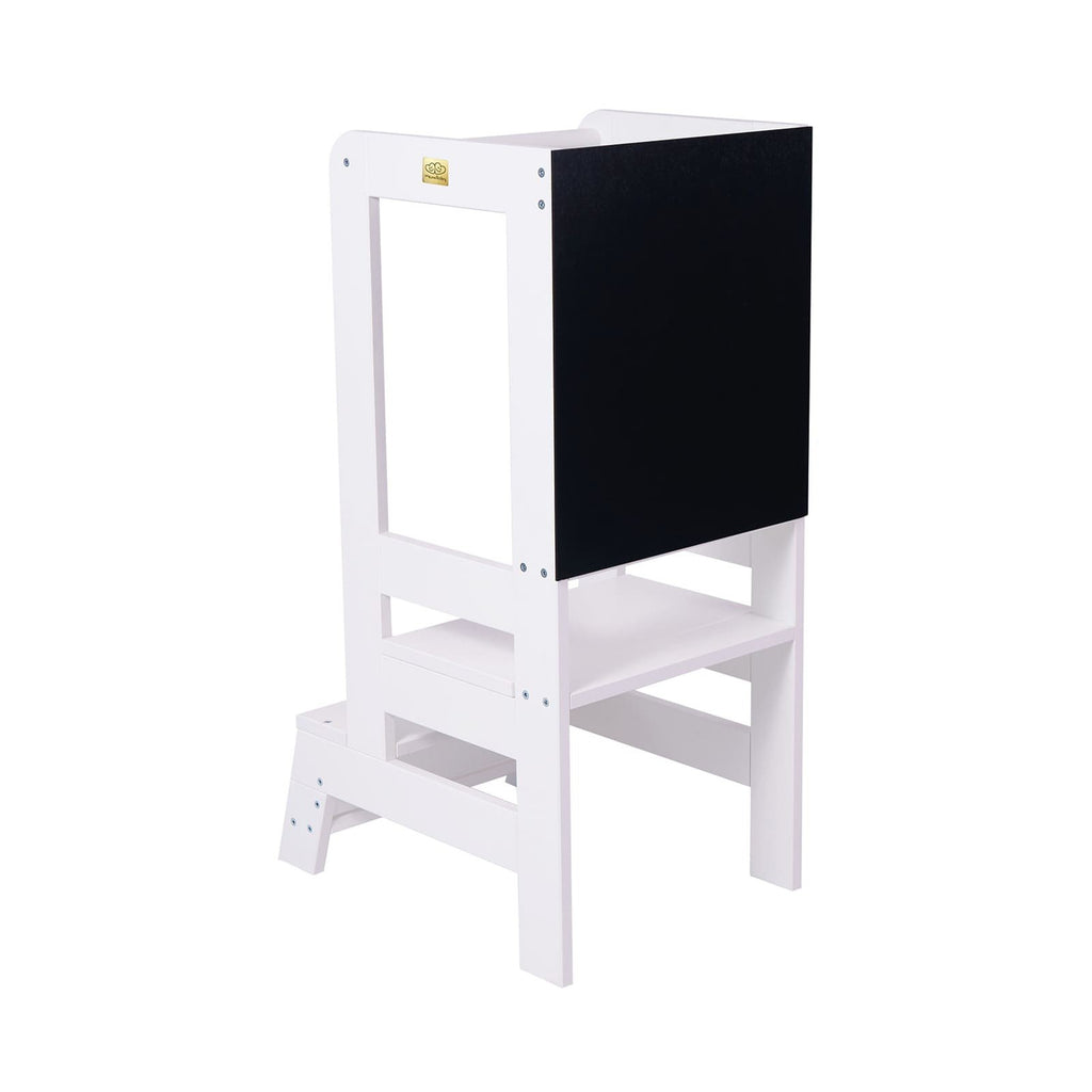 2. Rear view of white MeowBaby wooden kitchen helper with blackboard, highlighting stable construction