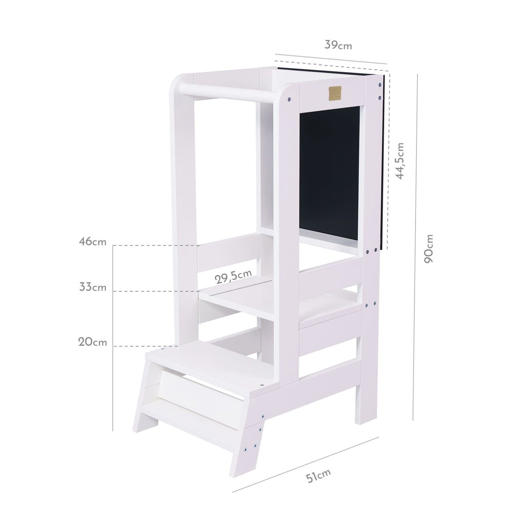 5. Size chart for MeowBaby kitchen helper showing platform heights of 20cm, 33cm, and 46cm