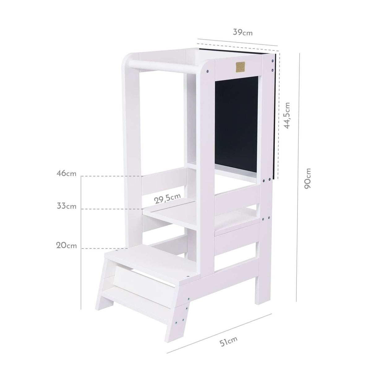 5. Size chart for MeowBaby kitchen helper showing platform heights of 20cm, 33cm, and 46cm