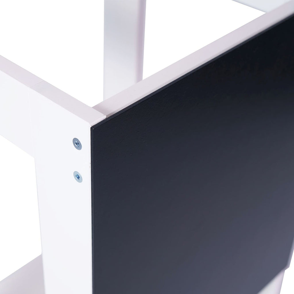 3. Close-up of blackboard panel on white MeowBaby wooden kitchen helper, highlighting screw details