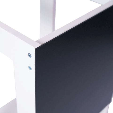 3. Close-up of blackboard panel on white MeowBaby wooden kitchen helper, highlighting screw details