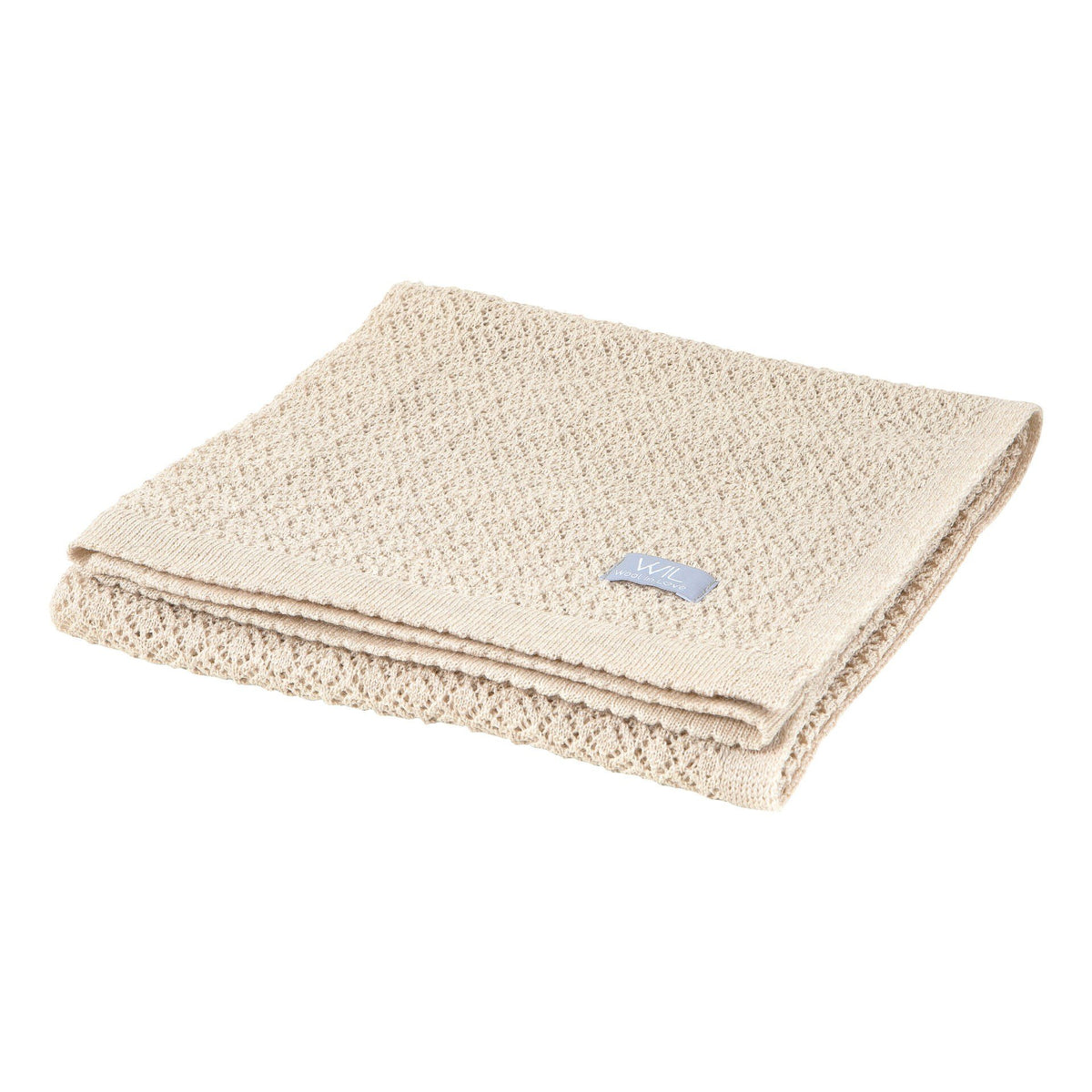 2. Beige merino wool baby blanket with Wool In Love label on white background