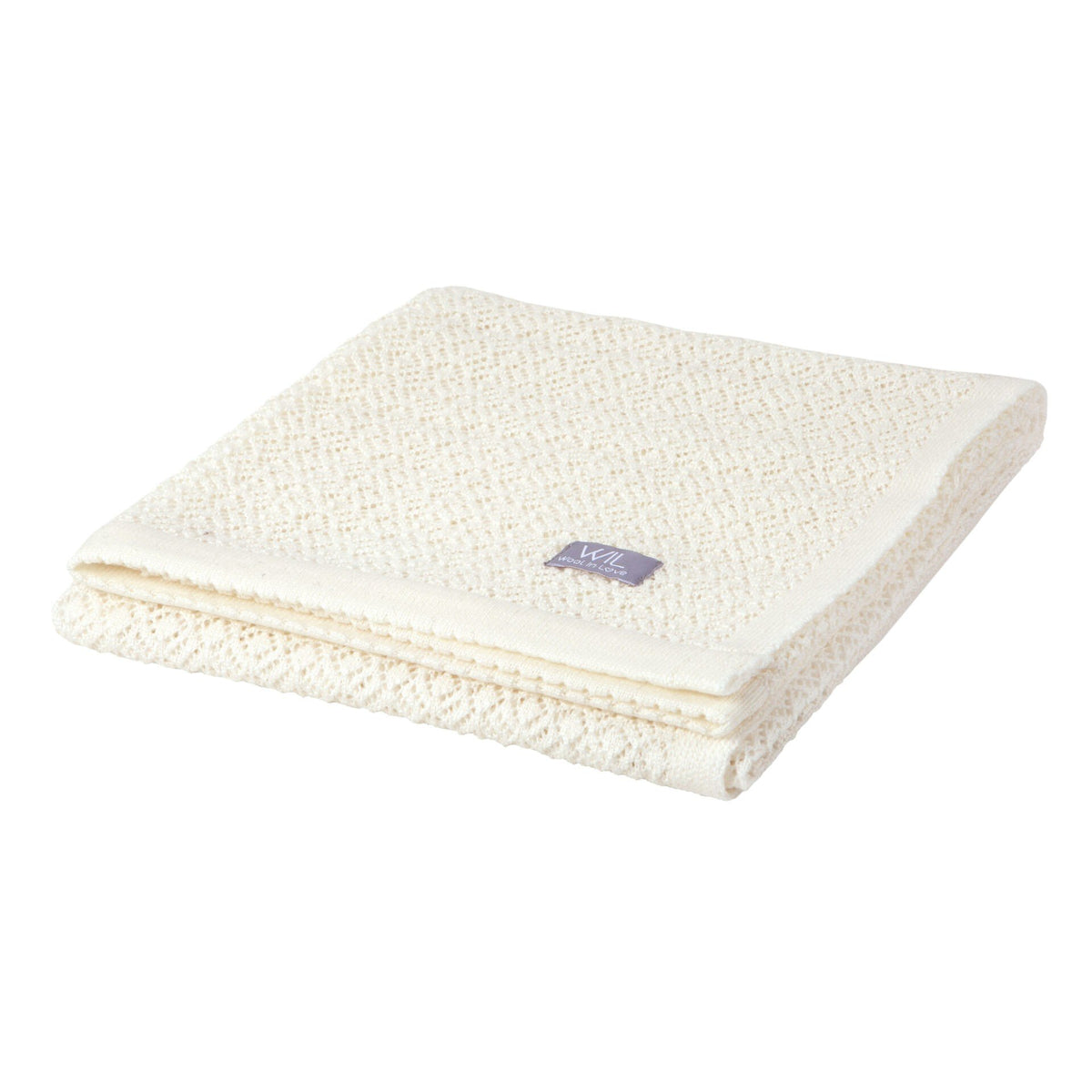 2. Folded white merino wool baby blanket with Wool In Love label on clean white background