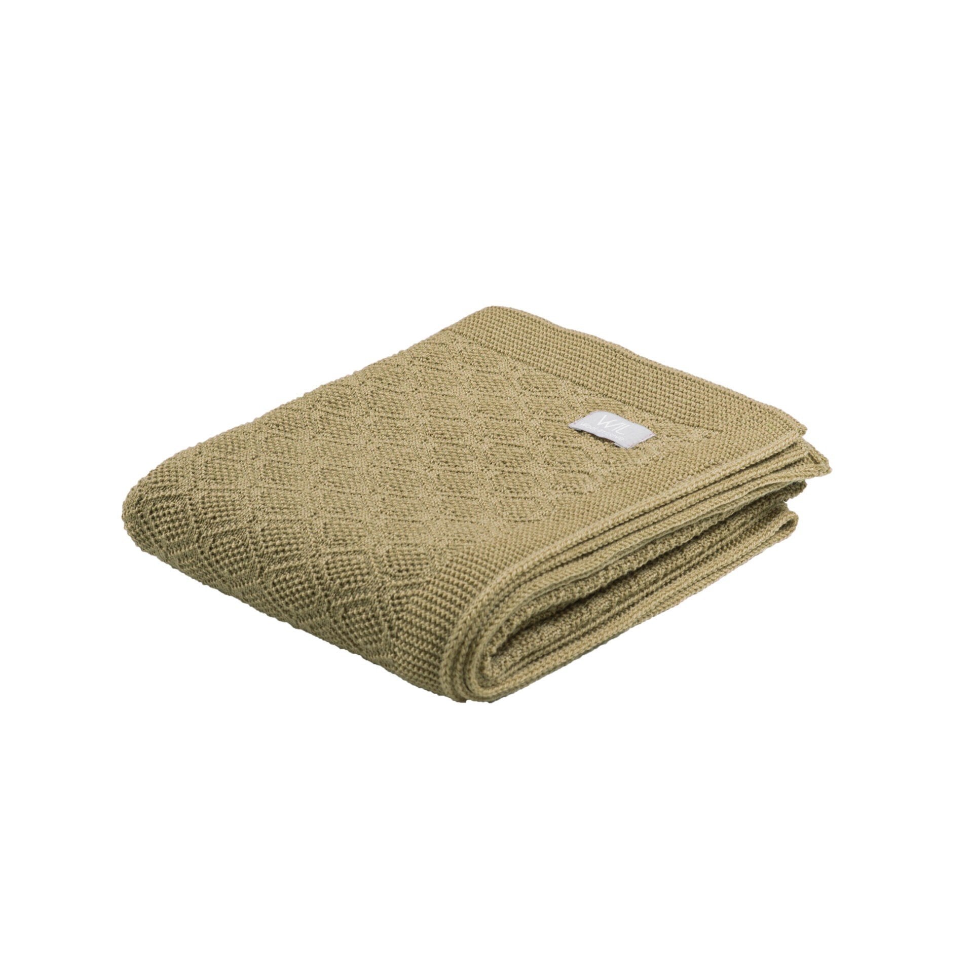 13. Folded brown merino wool baby blanket with brand tag on white background