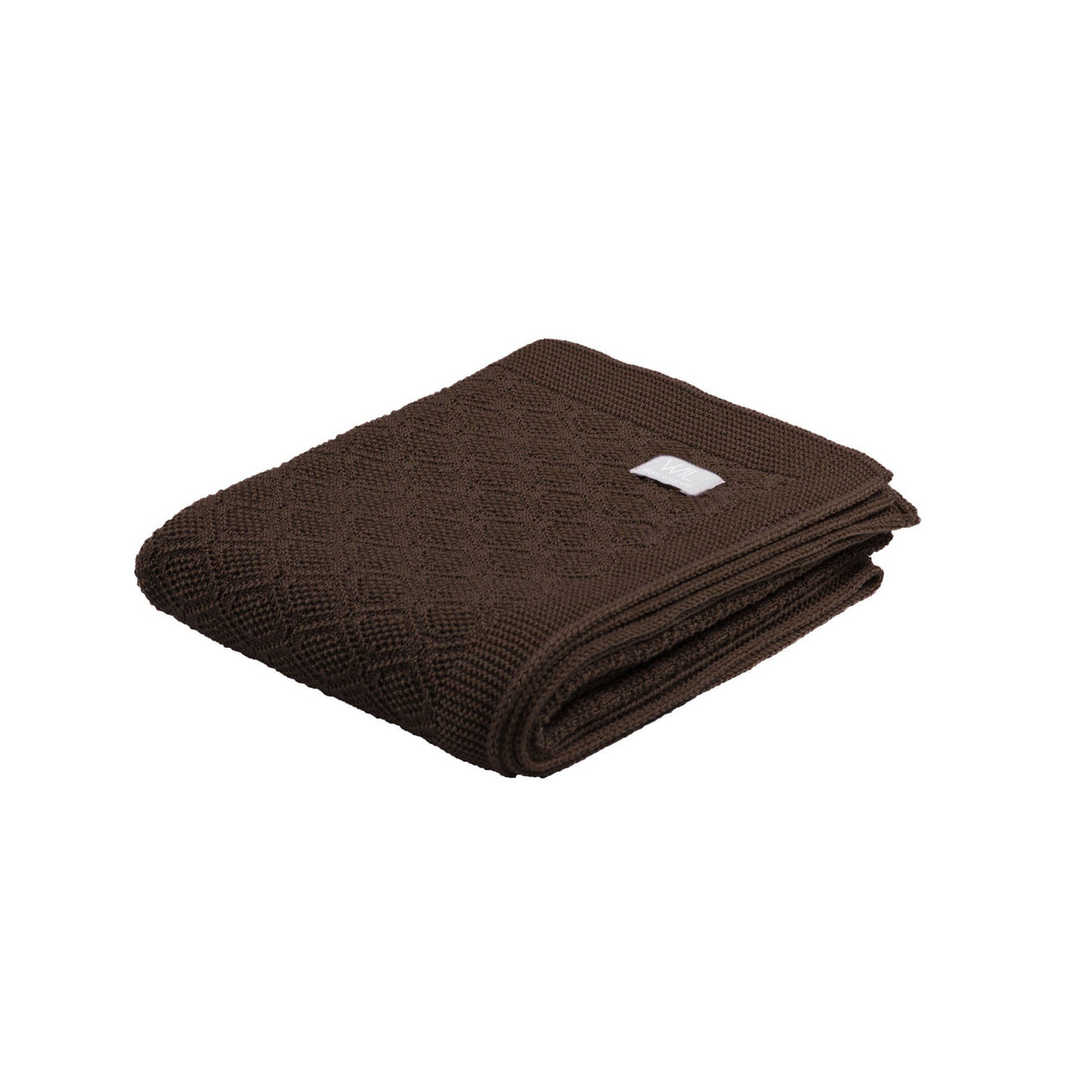 20. Folded dark brown merino wool baby blanket with brand tag on white background