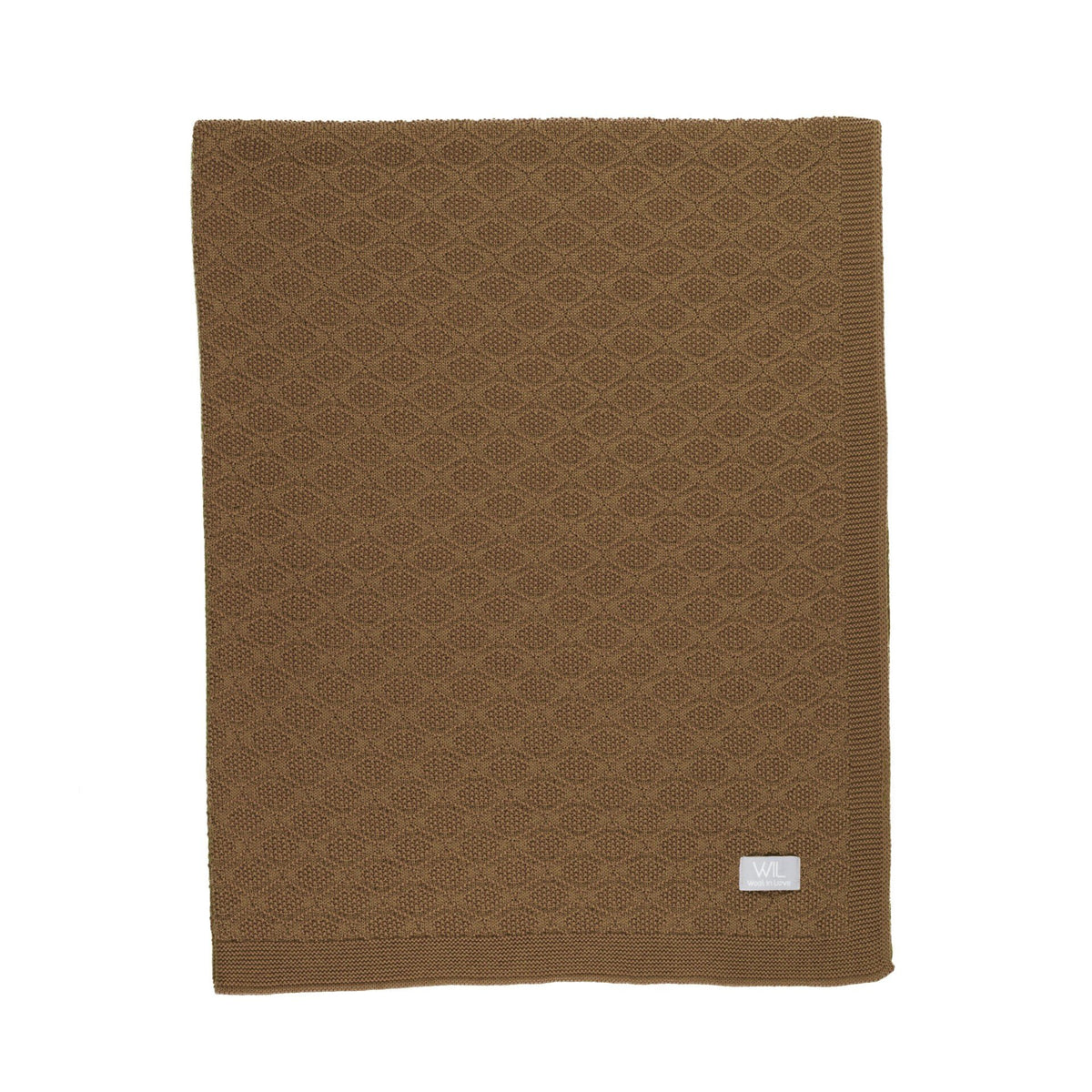 19. Flat lay of brown merino wool baby blanket with brand tag on white background