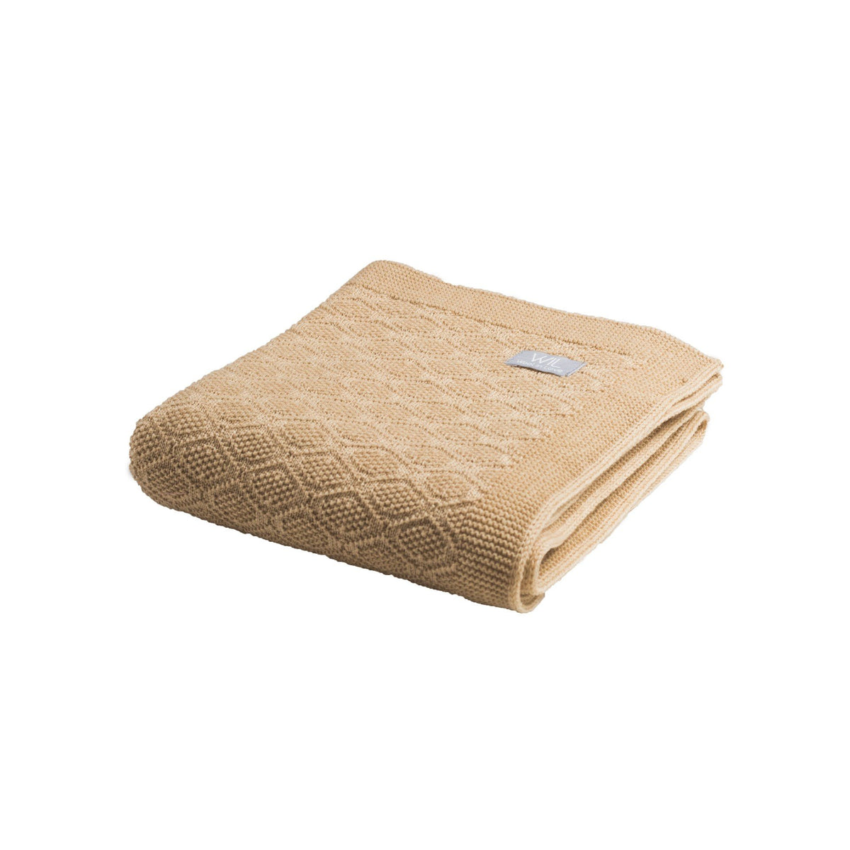 18. Folded beige merino wool baby blanket with brand tag on white background