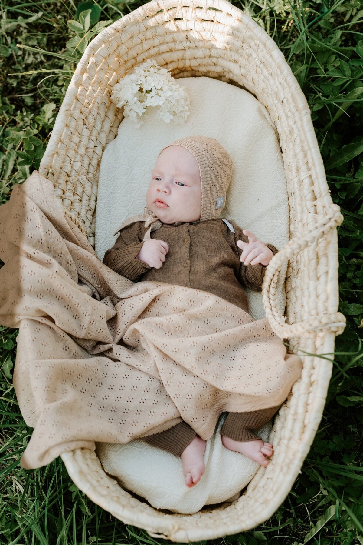 9. Baby in brown outfit wrapped in beige merino wool blanket in woven basket